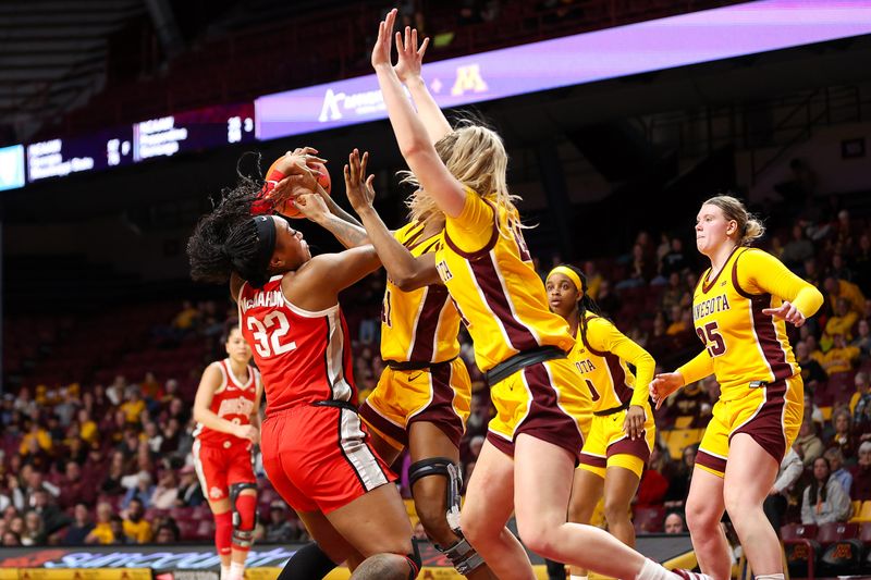 Feb 8, 2024; Minneapolis, Minnesota, USA; Ohio State Buckeyes forward Cotie McMahon (32) shoots against the Minnesota Golden Gophers during the second half at Williams Arena. Mandatory Credit: Matt Krohn-USA TODAY Sports