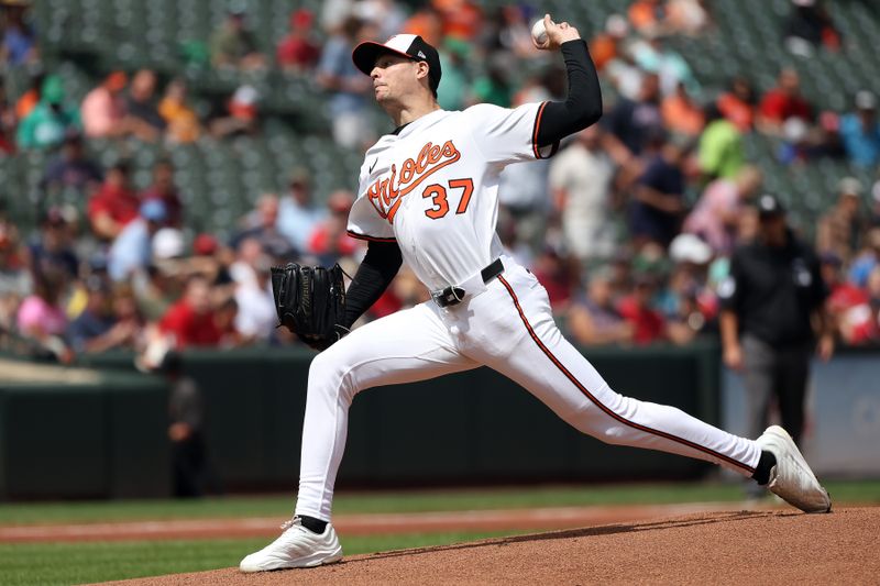 Aug 28, 2025; Baltimore, Maryland, USA; Baltimore Orioles pitcher Cade Povich (37) throws during the first inning against the Boston Red Sox at Oriole Park at Camden Yards. Mandatory Credit: Daniel Kucin Jr.-Imagn Images