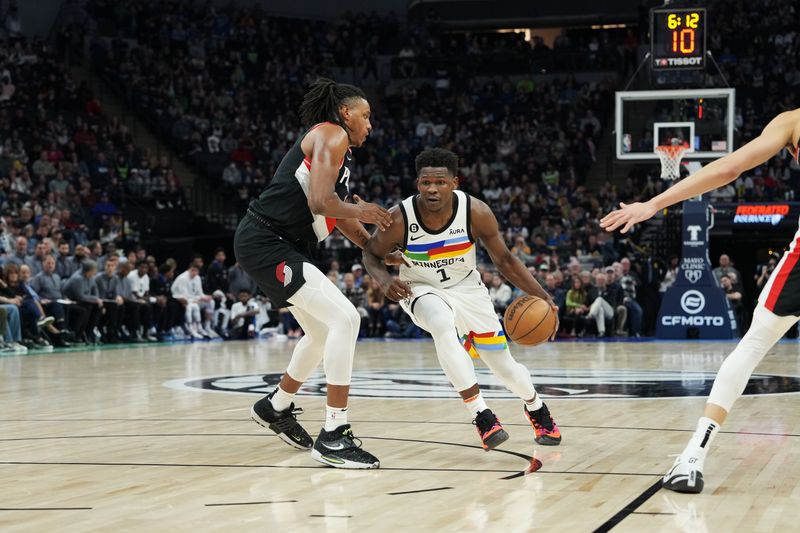 MINNEAPOLIS, MN -  APRIL 2:  Anthony Edwards #1 of the Minnesota Timberwolves drives to the basket during the game against the Portland Trail Blazers on April 2, 2023 at Target Center in Minneapolis, Minnesota. NOTE TO USER: User expressly acknowledges and agrees that, by downloading and or using this Photograph, user is consenting to the terms and conditions of the Getty Images License Agreement. Mandatory Copyright Notice: Copyright 2023 NBAE (Photo by Jordan Johnson/NBAE via Getty Images)