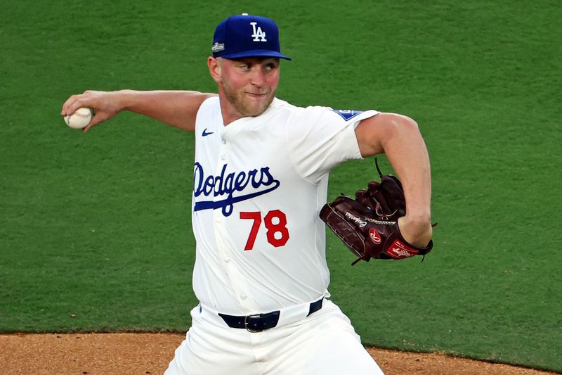 Oct 20, 2024; Los Angeles, California, USA; Los Angeles Dodgers pitcher Ben Casparius (78) pitches during the second inning against the New York Mets during game six of the NLCS for the 2024 MLB playoffs at Dodger Stadium. Mandatory Credit: Kiyoshi Mio-Imagn Images