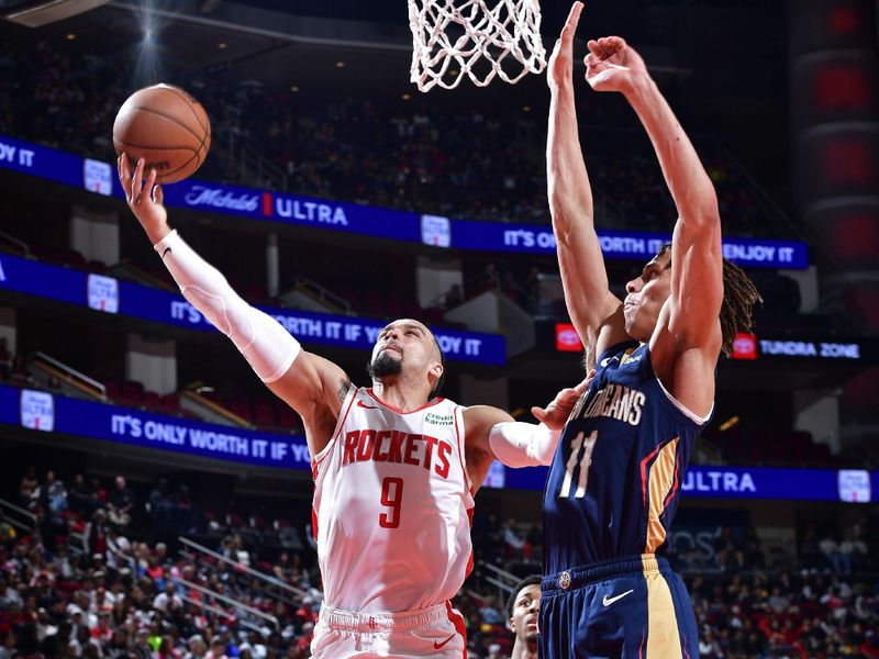 HOUSTON, TX - JANUARY 31: Dillon Brooks #9 of the Houston Rockets shoots the ball during the game against the New Orleans Pelicans  on January 31, 2024 at the Toyota Center in Houston, Texas. NOTE TO USER: User expressly acknowledges and agrees that, by downloading and or using this photograph, User is consenting to the terms and conditions of the Getty Images License Agreement. Mandatory Copyright Notice: Copyright 2024 NBAE (Photo by Logan Riely/NBAE via Getty Images)