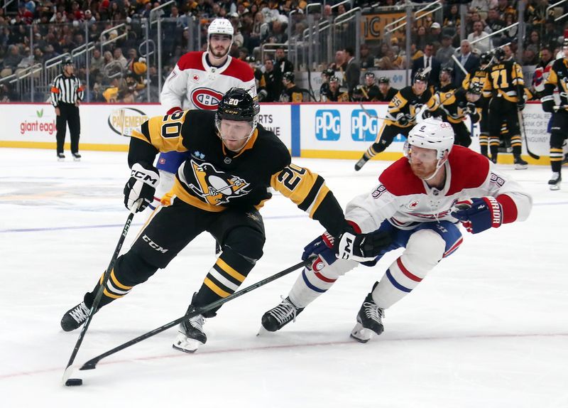 Nov 2, 2024; Pittsburgh, Pennsylvania, USA;  Pittsburgh Penguins center Lars Eller (20) moves the puck against pressure from Montreal Canadiens defenseman Mike Matheson (8) during the third period at PPG Paints Arena. Mandatory Credit: Charles LeClaire-Imagn Images