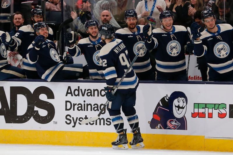 Feb 29, 2024; Columbus, Ohio, USA; Columbus Blue Jackets left wing Alexander Nylander (92) celebrates his goal against the Carolina Hurricanes during the third period at Nationwide Arena. Mandatory Credit: Russell LaBounty-USA TODAY Sports