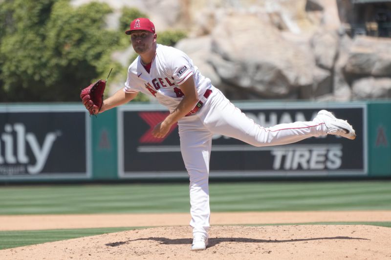 Jul 2, 2023; Anaheim, California, USA; Los Angeles Angels starting pitcher Reid Detmers (48) throws in the third inning against the Arizona Diamondbacks at Angel Stadium. Mandatory Credit: Kirby Lee-USA TODAY Sports