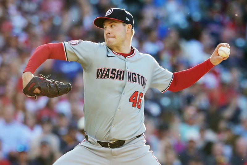 May 31, 2024; Cleveland, Ohio, USA; Washington Nationals starting pitcher Patrick Corbin (46) throws a pitch during the first inning against the Cleveland Guardians at Progressive Field. Mandatory Credit: Ken Blaze-USA TODAY Sports