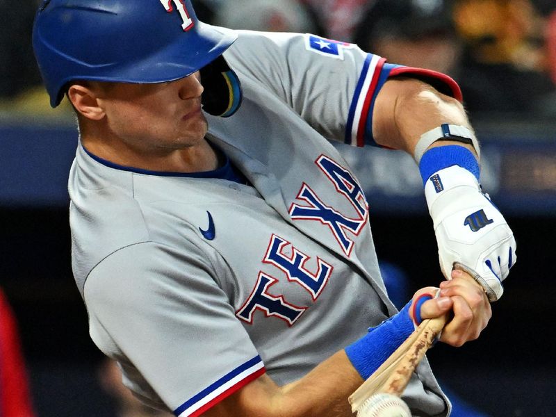 Oct 8, 2023; Baltimore, Maryland, USA; Texas Rangers third baseman Josh Jung (6) breaks his bat on a foul ball during the fifth inning against the Baltimore Orioles during game two of the ALDS for the 2023 MLB playoffs at Oriole Park at Camden Yards. Mandatory Credit: Tommy Gilligan-USA TODAY Sports