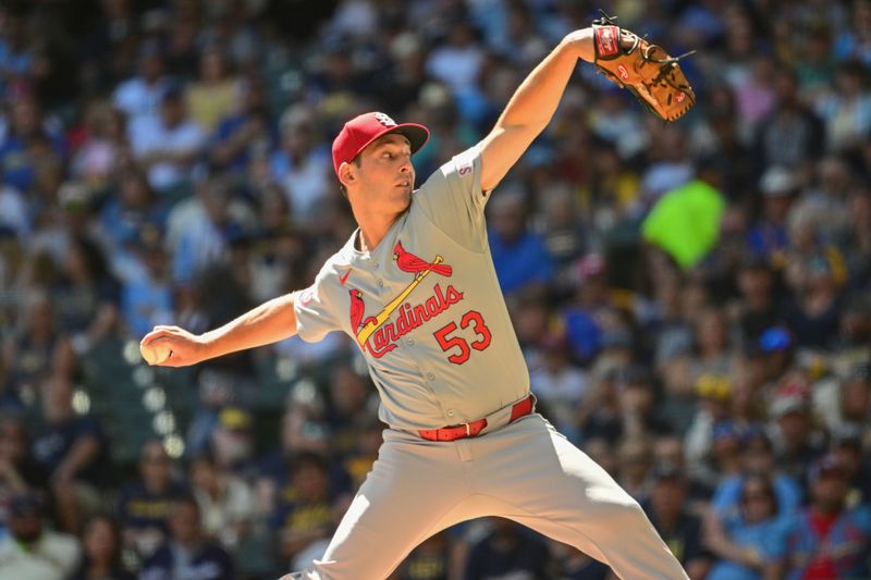 Sep 2, 2024; Milwaukee, Wisconsin, USA; St. Louis Cardinals starting pitcher Andre Pallante (53) pitches in the first inning against the Milwaukee Brewers at American Family Field. Mandatory Credit: Benny Sieu-USA TODAY Sports