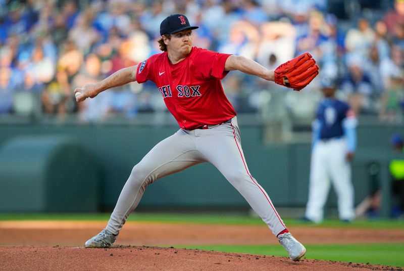 May 9, 2025; Kansas City, Missouri, USA; Boston Red Sox starting pitcher Hunter Dobbins (73) pitches during the first inning against the Kansas City Royals at Kauffman Stadium. Mandatory Credit: Jay Biggerstaff-Imagn Images