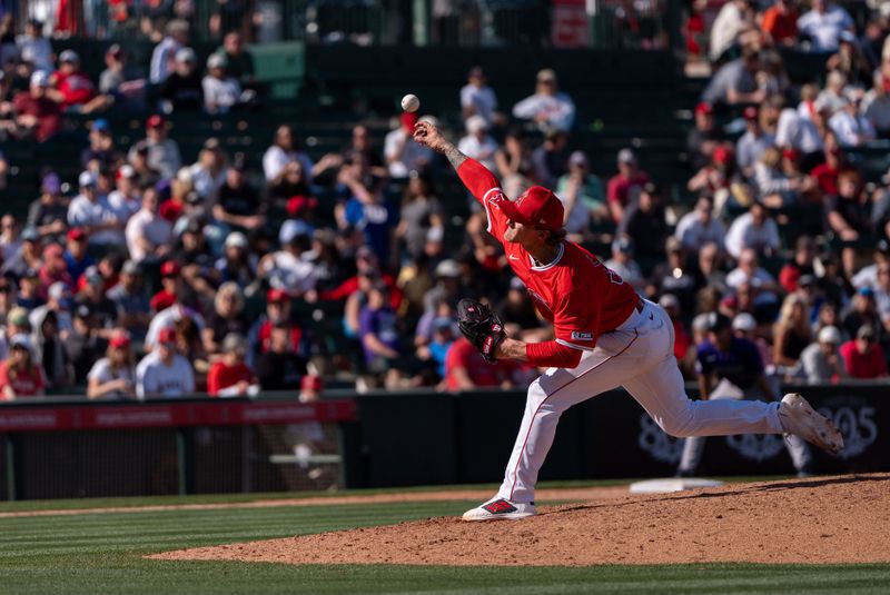 Mar 8, 2024; Tempe, Arizona, USA; Los Angeles Angels pitcher Zach Plesac (34) on the mound in the fifth during a spring training game against the Colorado Rockies at Tempe Diablo Stadium. Mandatory Credit: Allan Henry-USA TODAY Sports