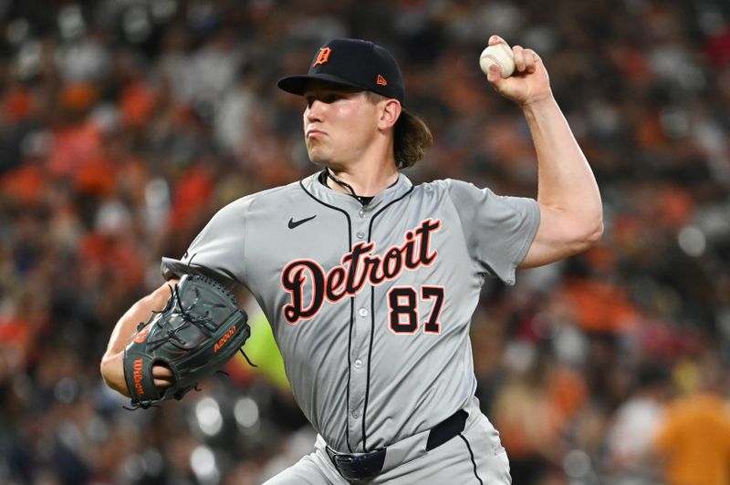 Sep 20, 2024; Baltimore, Maryland, USA;  Detroit Tigers pitcher Tyler Holton (87) throws a first inning pitch against the Baltimore Orioles at Oriole Park at Camden Yards. Mandatory Credit: Tommy Gilligan-Imagn Images