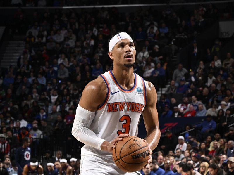 PHILADELPHIA, PA - FEBRUARY 22: Josh Hart #3 of the New York Knicks shoots a free throw during the game against the Philadelphia 76ers on February 22, 2024 at the Wells Fargo Center in Philadelphia, Pennsylvania NOTE TO USER: User expressly acknowledges and agrees that, by downloading and/or using this Photograph, user is consenting to the terms and conditions of the Getty Images License Agreement. Mandatory Copyright Notice: Copyright 2024 NBAE (Photo by David Dow/NBAE via Getty Images)