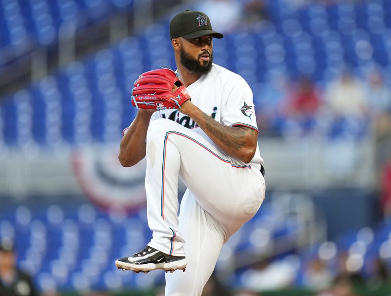 Apr 4, 2023; Miami, Florida, USA;  Miami Marlins starting pitcher Sandy Alcantara (22) pitches against the Minnesota Twins in the first inning at loanDepot Park. Mandatory Credit: Jim Rassol-USA TODAY Sports