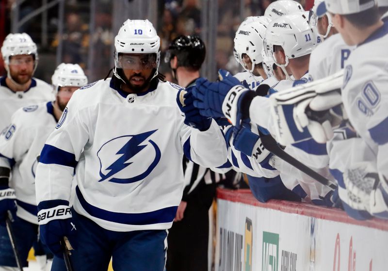 Apr 6, 2024; Pittsburgh, Pennsylvania, USA;  Tampa Bay Lightning left wing Anthony Duclair (10) celebrates his goal with the Lightning bench against the Pittsburgh Penguins during the third period at PPG Paints Arena. The Penguins won 5-4. Mandatory Credit: Charles LeClaire-USA TODAY Sports