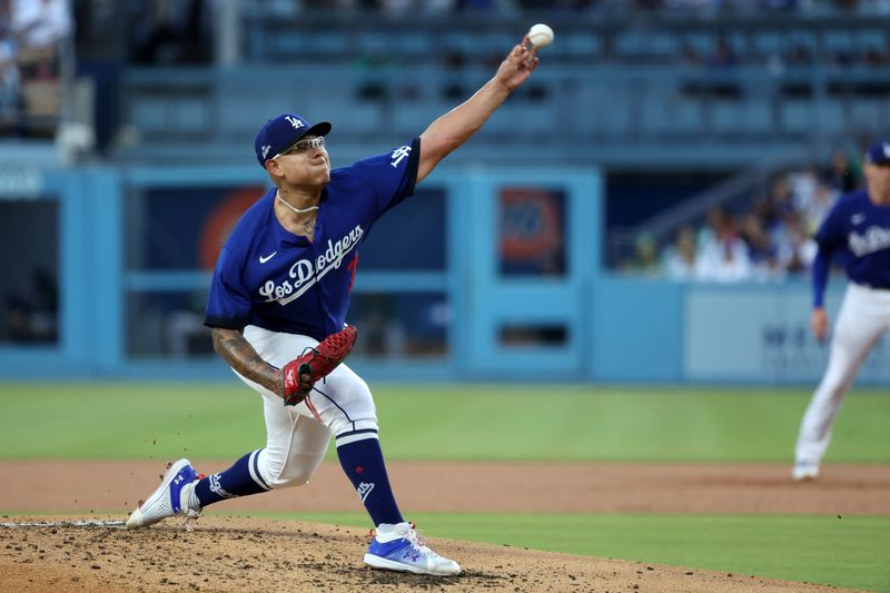 Aug 3, 2023; Los Angeles, California, USA;  Los Angeles Dodgers starting pitcher Julio Urias (7) pitches during the second inning against the Oakland Athletics at Dodger Stadium. Mandatory Credit: Kiyoshi Mio-USA TODAY Sports