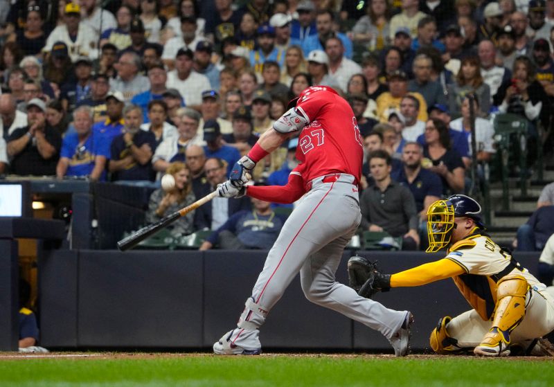 Sep 18, 2025; Milwaukee, Wisconsin, USA; Los Angeles Angels outfielder Mike Trout (27) gets a hit agains the Milwaukee Brewers in the sixth inning at American Family Field. Mandatory Credit: Michael McLoone-Imagn Images