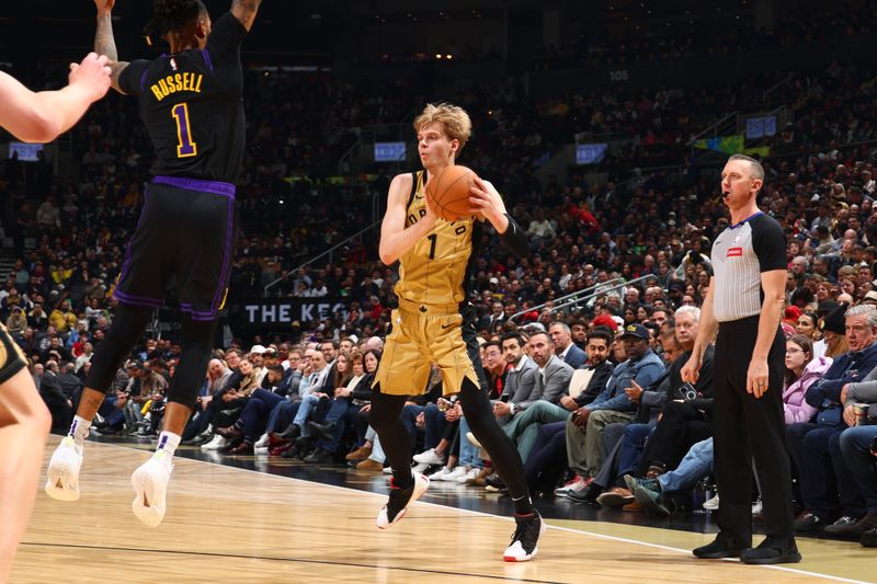 TORONTO, CANADA - APRIL 2: Gradey Dick #1 of the Toronto Raptors handles the ball during the game against the Los Angeles Lakers on April 2, 2024 at the Scotiabank Arena in Toronto, Ontario, Canada.  NOTE TO USER: User expressly acknowledges and agrees that, by downloading and or using this Photograph, user is consenting to the terms and conditions of the Getty Images License Agreement.  Mandatory Copyright Notice: Copyright 2023 NBAE (Photo by Vaughn Ridley/NBAE via Getty Images)