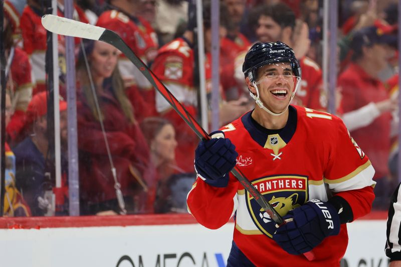 Oct 8, 2024; Sunrise, Florida, USA; Florida Panthers center Evan Rodrigues (17) looks on against the Boston Bruins during the second period at Amerant Bank Arena. Mandatory Credit: Sam Navarro-Imagn Images