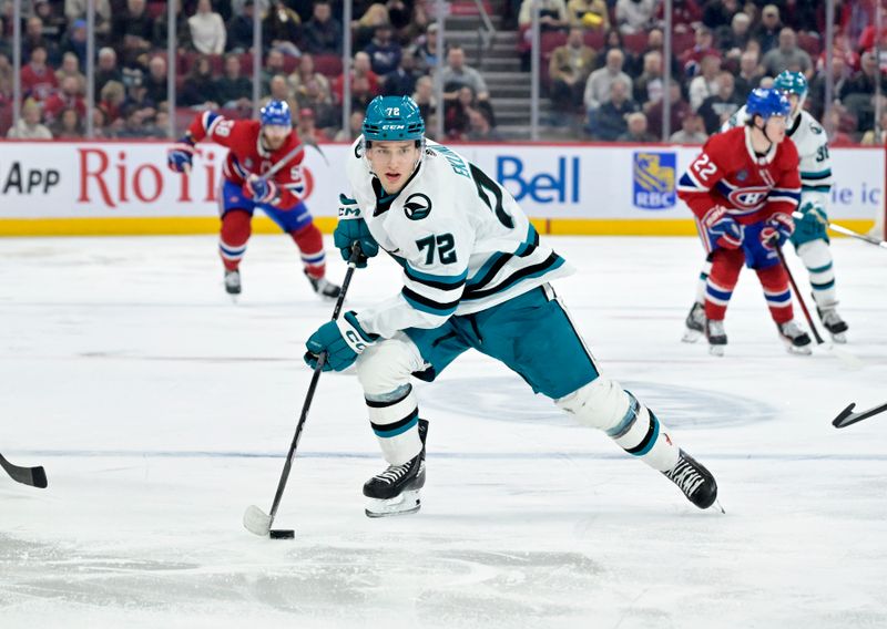 Jan 11, 2024; Montreal, Quebec, CAN; San Jose Sharks forward William Eklund (72) plays the puck during the second period of the game against the Montreal Canadiens at the Bell Centre. Mandatory Credit: Eric Bolte-USA TODAY Sports