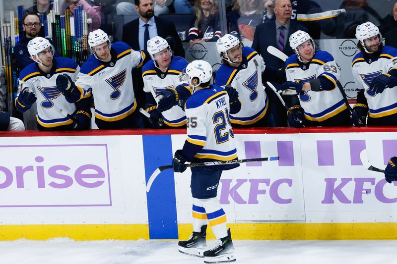 Dec 3, 2024; Winnipeg, Manitoba, CAN;  St. Louis Blues forward Jordan Kyrou (25) is congratulated by his teammates on his goal against the Winnipeg Jets during the third period at Canada Life Centre. Mandatory Credit: Terrence Lee-Imagn Images