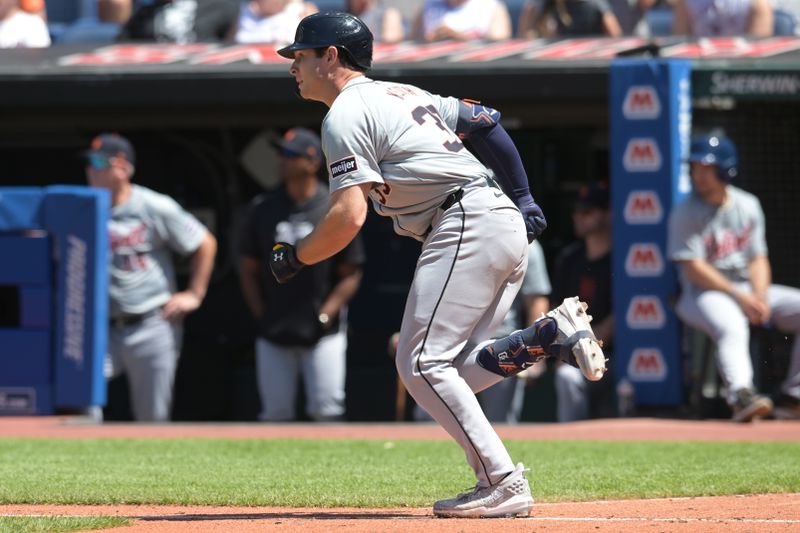 May 8, 2024; Cleveland, Ohio, USA; Detroit Tigers designated hitter Colt Keith (33) hits an RBI single during the fourth inning against the Cleveland Guardians at Progressive Field. Mandatory Credit: Ken Blaze-USA TODAY Sports