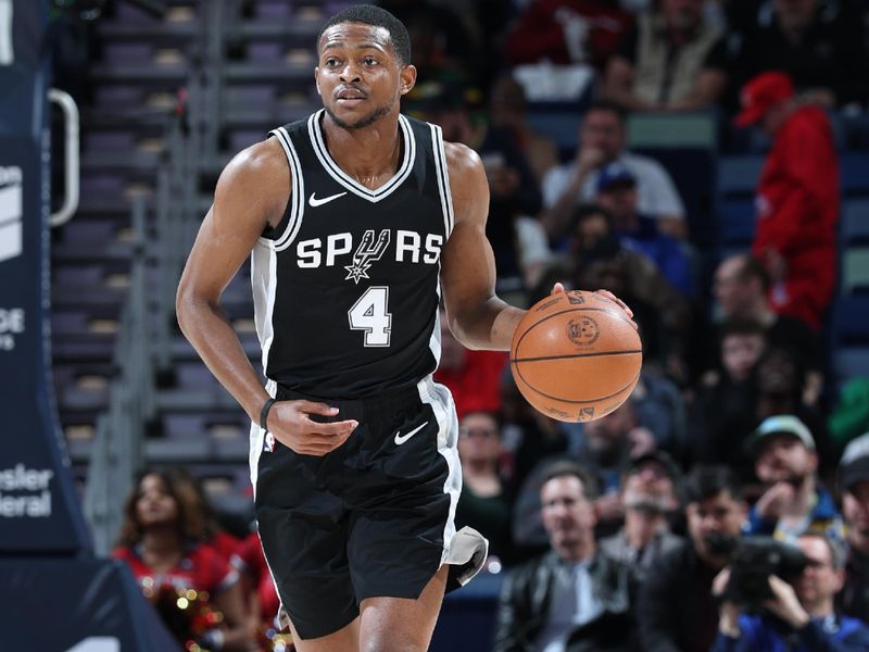 NEW ORLEANS, LA - FEBRUARY 25: De'Aaron Fox #4 of the San Antonio Spurs handles the ball during the game against the New Orleans Pelicans on February 25, 2025 at the Smoothie King Center in New Orleans, Louisiana. NOTE TO USER: User expressly acknowledges and agrees that, by downloading and or using this Photograph, user is consenting to the terms and conditions of the Getty Images License Agreement. Mandatory Copyright Notice: Copyright 2025 NBAE (Photo by Jeff Haynes/NBAE via Getty Images)