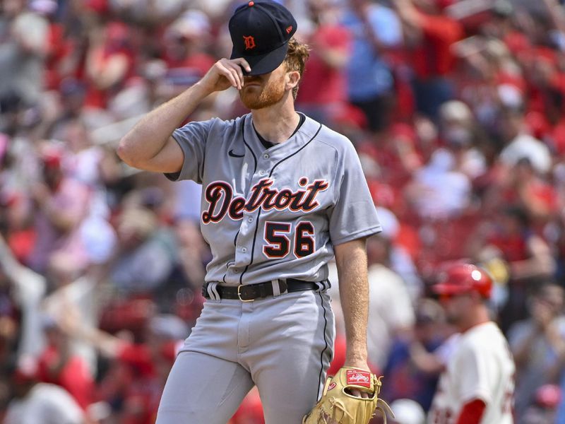 May 6, 2023; St. Louis, Missouri, USA;  Detroit Tigers starting pitcher Spencer Turnbull (56) reacts after giving up a two run home run to St. Louis Cardinals third baseman Nolan Arenado (not pictured) during the fifth inning at Busch Stadium. Mandatory Credit: Jeff Curry-USA TODAY Sports