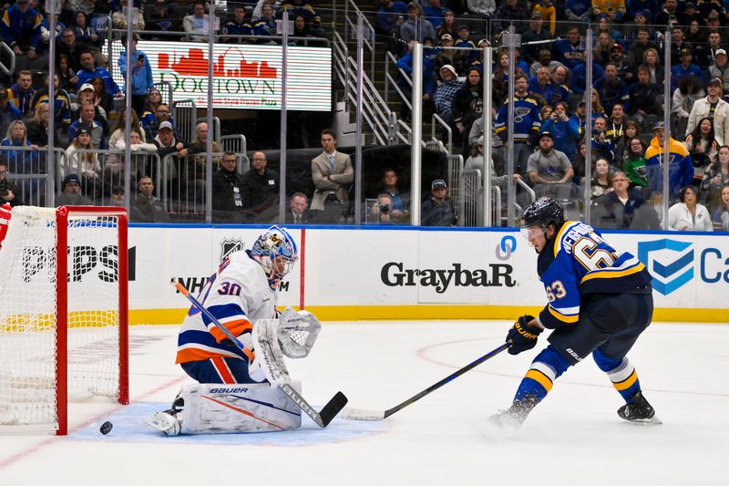 Oct 17, 2024; St. Louis, Missouri, USA;  St. Louis Blues left wing Jake Neighbours (63) scores the game winning goal against New York Islanders goaltender Ilya Sorokin (30) in overtime at Enterprise Center. Mandatory Credit: Jeff Curry-Imagn Images