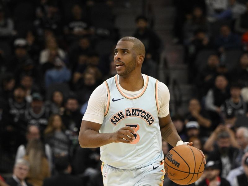 SAN ANTONIO, TX - DECEMBER 8: Chris Paul #3 of the San Antonio Spurs dribbles the ball during the game against the New Orleans Pelicans on December 8, 2024 at the Frost Bank Center in San Antonio, Texas. NOTE TO USER: User expressly acknowledges and agrees that, by downloading and or using this photograph, user is consenting to the terms and conditions of the Getty Images License Agreement. Mandatory Copyright Notice: Copyright 2024 NBAE (Photos by David Dow/NBAE via Getty Images)