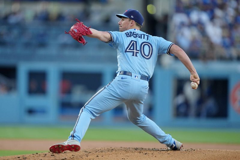 Jul 25, 2023; Los Angeles, California, USA; Toronto Blue Jays starting pitcher Chris Bassitt (40) throws in the first inning against the Los Angeles Dodgers at Dodger Stadium. Mandatory Credit: Kirby Lee-USA TODAY Sports