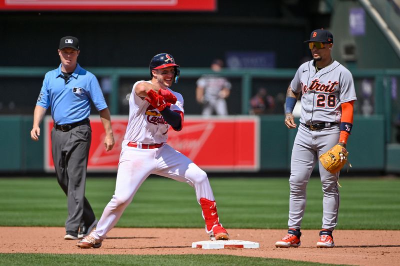 May 7, 2023; St. Louis, Missouri, USA;  St. Louis Cardinals catcher Andrew Knizner (7) reacts after hitting a one run double against the Detroit Tigers during the sixth inning at Busch Stadium. Mandatory Credit: Jeff Curry-USA TODAY Sports