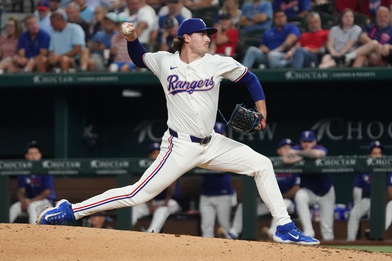 Sep 23, 2025; Arlington, Texas, USA; Texas Rangers pitcher Cole Winn (60) throws to the plate during the sixth inning against the Minnesota Twins at Globe Life Field. Mandatory Credit: Raymond Carlin III-Imagn Images