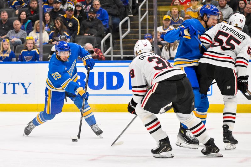 Mar 22, 2025; St. Louis, Missouri, USA;  St. Louis Blues center Jordan Kyrou (25) shoots against the Chicago Blackhawks during the second period at Enterprise Center. Mandatory Credit: Jeff Curry-Imagn Images