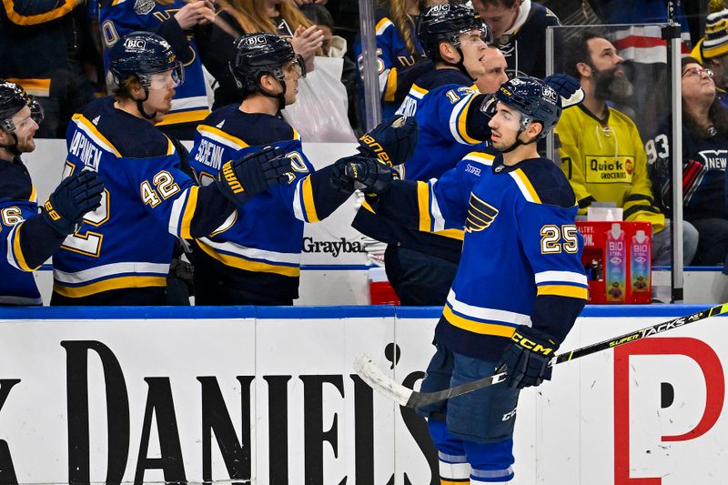 Jan 11, 2024; St. Louis, Missouri, USA;  St. Louis Blues center Jordan Kyrou (25) is congratulated by teammates after scoring against the New York Rangers during the first period at Enterprise Center. Mandatory Credit: Jeff Curry-USA TODAY Sports