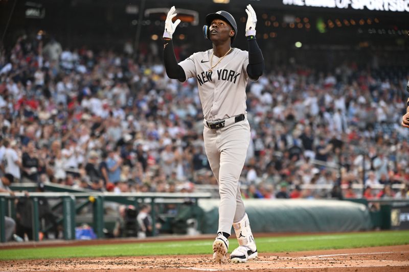 Aug 28, 2024; Washington, District of Columbia, USA; New York Yankees third baseman Jazz Chisholm Jr. (13) looks to the sky after hitting a home run against the Washington Nationals during the second inning at Nationals Park. Mandatory Credit: Rafael Suanes-USA TODAY Sports