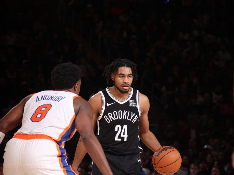 NEW YORK, NY - NOVEMBER 17: Cam Thomas #24 of the Brooklyn Nets handles the ball during the game against the New York Knicks on November 17, 2024 at Madison Square Garden in New York City, New York.  NOTE TO USER: User expressly acknowledges and agrees that, by downloading and or using this photograph, User is consenting to the terms and conditions of the Getty Images License Agreement. Mandatory Copyright Notice: Copyright 2024 NBAE  (Photo by Nathaniel S. Butler/NBAE via Getty Images)