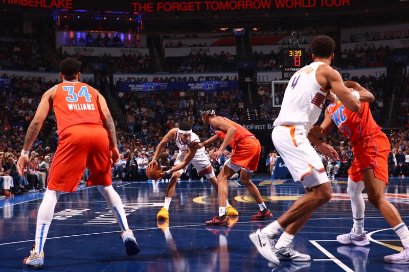 OKLAHOMA CITY, OK - NOVEMBER 15: Devin Booker #1 of the Phoenix Suns handles the ball during the game against the Oklahoma City Thunder during the Emirates NBA Cup game on November 15, 2024 at Paycom Center in Oklahoma City, Oklahoma. NOTE TO USER: User expressly acknowledges and agrees that, by downloading and or using this photograph, User is consenting to the terms and conditions of the Getty Images License Agreement. Mandatory Copyright Notice: Copyright 2024 NBAE (Photo by Zach Beeker/NBAE via Getty Images)