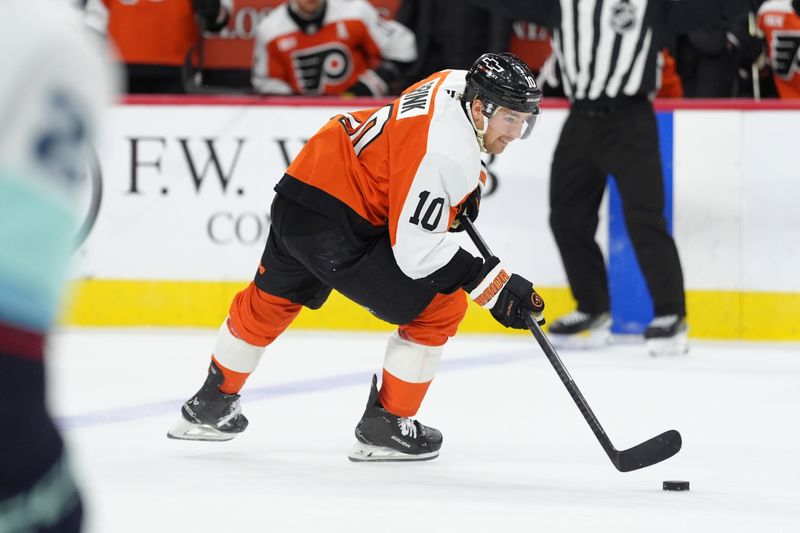 Oct 20, 2025; Philadelphia, Pennsylvania, USA; Philadelphia Flyers right wing Bobby Brink (10) controls the puck against the Seattle Kraken in the second period at Xfinity Mobile Arena. Mandatory Credit: Kyle Ross-Imagn Images