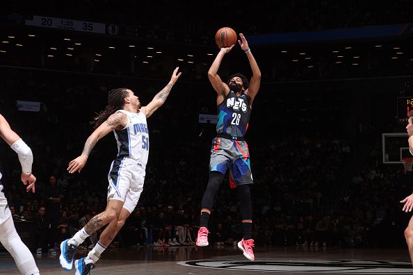 BROOKLYN, NY - DECEMBER 2: Spencer Dinwiddie #26 of the Brooklyn Nets shoots the ball during the game against the Orlando Magic on December 2, 2023 at Barclays Center in Brooklyn, New York. NOTE TO USER: User expressly acknowledges and agrees that, by downloading and or using this Photograph, user is consenting to the terms and conditions of the Getty Images License Agreement. Mandatory Copyright Notice: Copyright 2023 NBAE (Photo by Nathaniel S. Butler/NBAE via Getty Images)