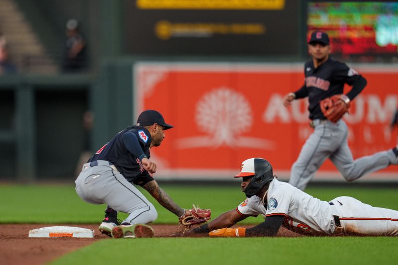 Jun 26, 2024; Baltimore, Maryland, USA; Cleveland Guardians shortstop Brayan Rocchio (4) tags out Baltimore Orioles second base Jorge Mateo (3) at second base during the third inning at Oriole Park at Camden Yards. Mandatory Credit: Reggie Hildred-USA TODAY Sports