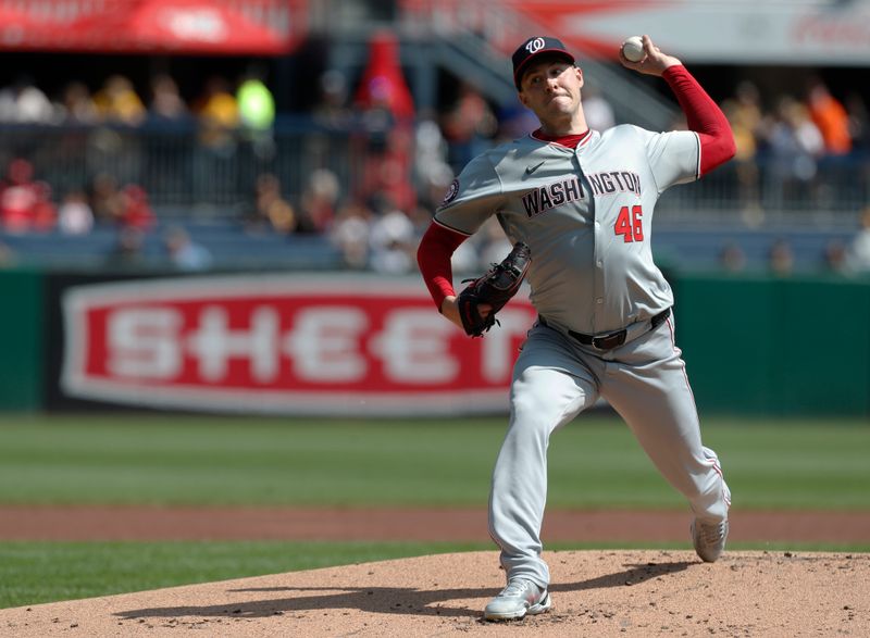 Sep 8, 2024; Pittsburgh, Pennsylvania, USA;  Washington Nationals starting pitcher Patrick Corbin (46) delivers a pitch against the Pittsburgh Pirates during the first inning at PNC Park. Mandatory Credit: Charles LeClaire-Imagn Images