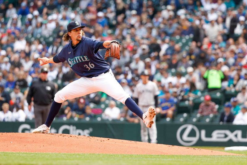 Sep 19, 2024; Seattle, Washington, USA; Seattle Mariners starting pitcher Logan Gilbert (36) throws against the New York Yankees during the first inning at T-Mobile Park. Mandatory Credit: Joe Nicholson-Imagn Images