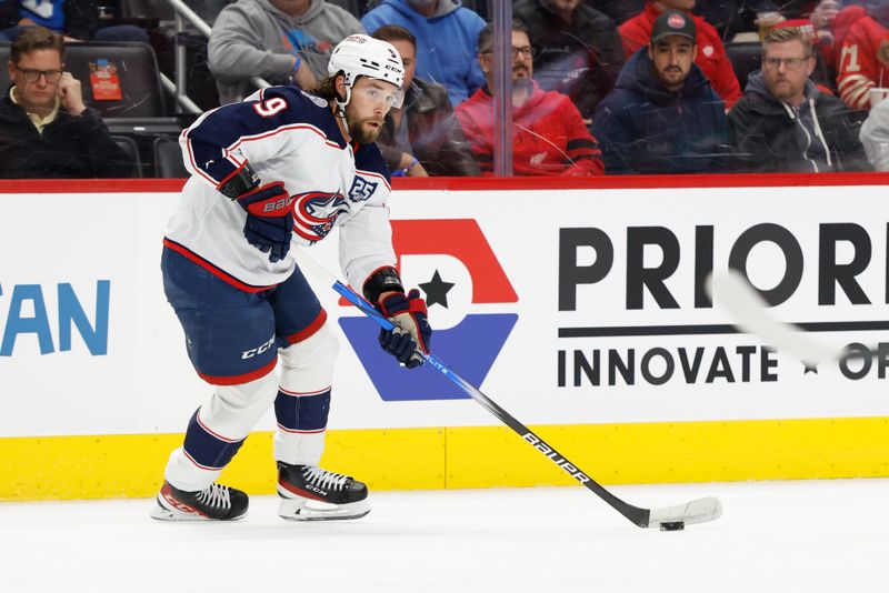 Nov 22, 2025; Detroit, Michigan, USA;  Columbus Blue Jackets defenseman Ivan Provorov (9) skates with the puck in the first period against the Detroit Red Wings at Little Caesars Arena. Mandatory Credit: Rick Osentoski-Imagn Images
