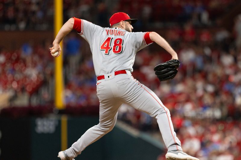 Sep 30, 2023; St. Louis, Missouri, USA; Cincinnati Reds closer Alex Young (48) pitches against the St. Louis Cardinals in the eighth inning at Busch Stadium. Mandatory Credit: Zach Dalin-USA TODAY Sports