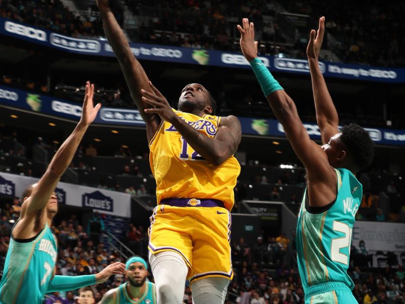 CHARLOTTE, NC - FEBRUARY 5: Taurean Prince #12 of the Los Angeles Lakers drives to the basket during the game against the Charlotte Hornets on February 5, 2024 at Spectrum Center in Charlotte, North Carolina. NOTE TO USER: User expressly acknowledges and agrees that, by downloading and or using this photograph, User is consenting to the terms and conditions of the Getty Images License Agreement. Mandatory Copyright Notice: Copyright 2024 NBAE (Photo by Kent Smith/NBAE via Getty Images)