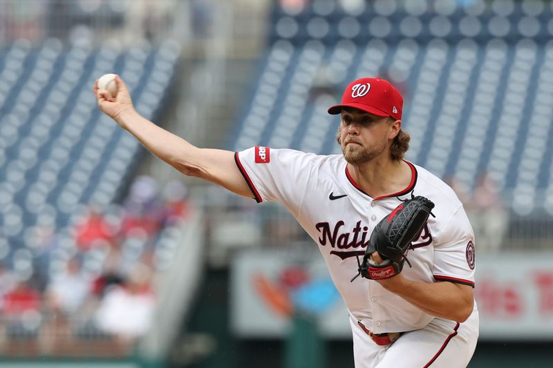 Sep 16, 2025; Washington, District of Columbia, USA; Washington Nationals starting pitcher Jake Irvin (27) pitches against the Atlanta Braves during the second inning at Nationals Park. Mandatory Credit: Geoff Burke-Imagn Images