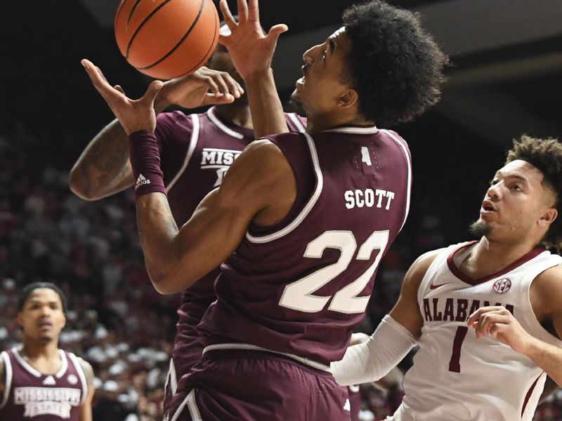 Feb 3, 2024; Tuscaloosa, Alabama, USA; Mississippi State forward Jaquan Scott (22) snags a rebound against Alabama guard Mark Sears (1) at Coleman Coliseum.  Mandatory Credit: Gary Cosby Jr.-USA TODAY Sports