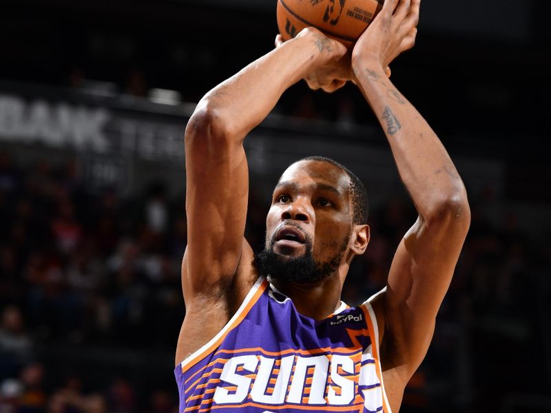 PHOENIX, AZ - MARCH 2: Kevin Durant #35 of the Phoenix Suns shoots a free throw during the game against the Houston Rockets on March 2, 2024 at Footprint Center in Phoenix, Arizona. NOTE TO USER: User expressly acknowledges and agrees that, by downloading and or using this photograph, user is consenting to the terms and conditions of the Getty Images License Agreement. Mandatory Copyright Notice: Copyright 2024 NBAE (Photo by Barry Gossage/NBAE via Getty Images)