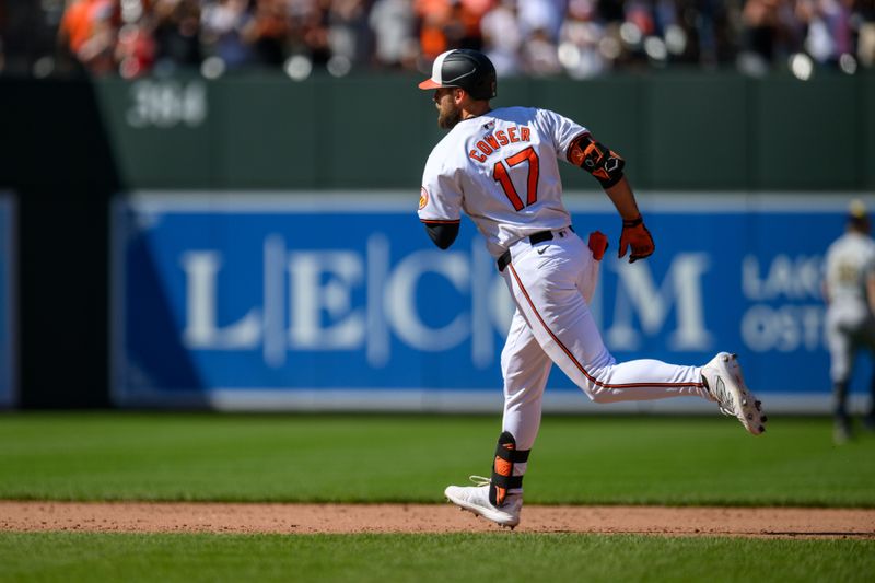 Apr 14, 2024; Baltimore, Maryland, USA; Baltimore Orioles outfielder Colton Cowser (17) rounds the bases after hitting a home run during the eighth inning against the Milwaukee Brewers at Oriole Park at Camden Yards. Mandatory Credit: Reggie Hildred-USA TODAY Sports