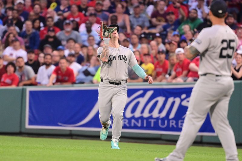 Jul 28, 2024; Boston, Massachusetts, USA; New York Yankees right fielder Alex Verdugo (24) makes a catch for an out against the Boston Red Sox during the second inning at Fenway Park. Mandatory Credit: Eric Canha-USA TODAY Sports