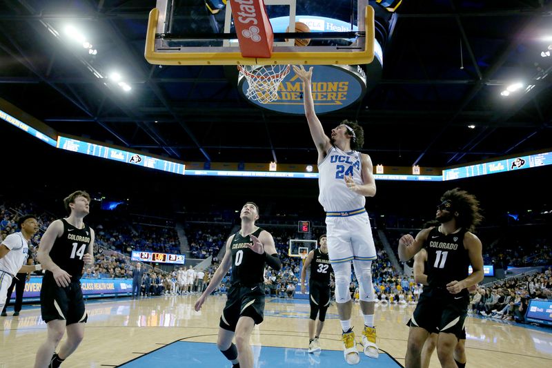 Jan 14, 2023; Los Angeles, California, USA;  UCLA Bruins guard Jaime Jaquez Jr. (24) shoots the ball during the first half against the Colorado Buffaloes at Pauley Pavilion presented by Wescom. Mandatory Credit: Kiyoshi Mio-USA TODAY Sports